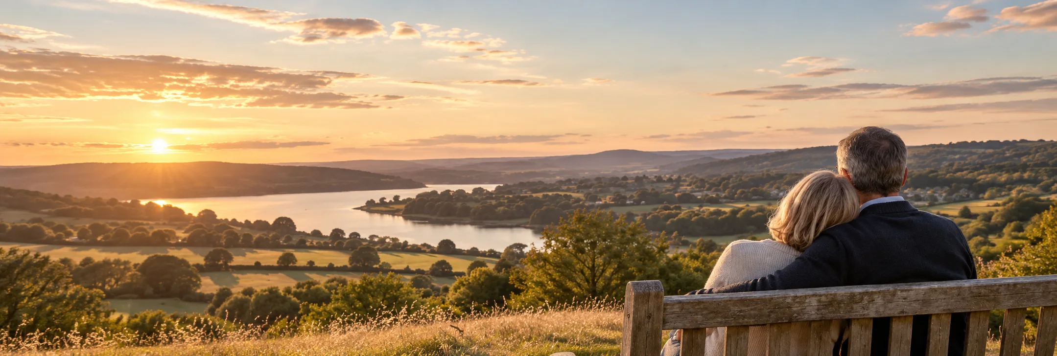An older couple sitting together on a wooden bench, looking out over a river valley at sunset