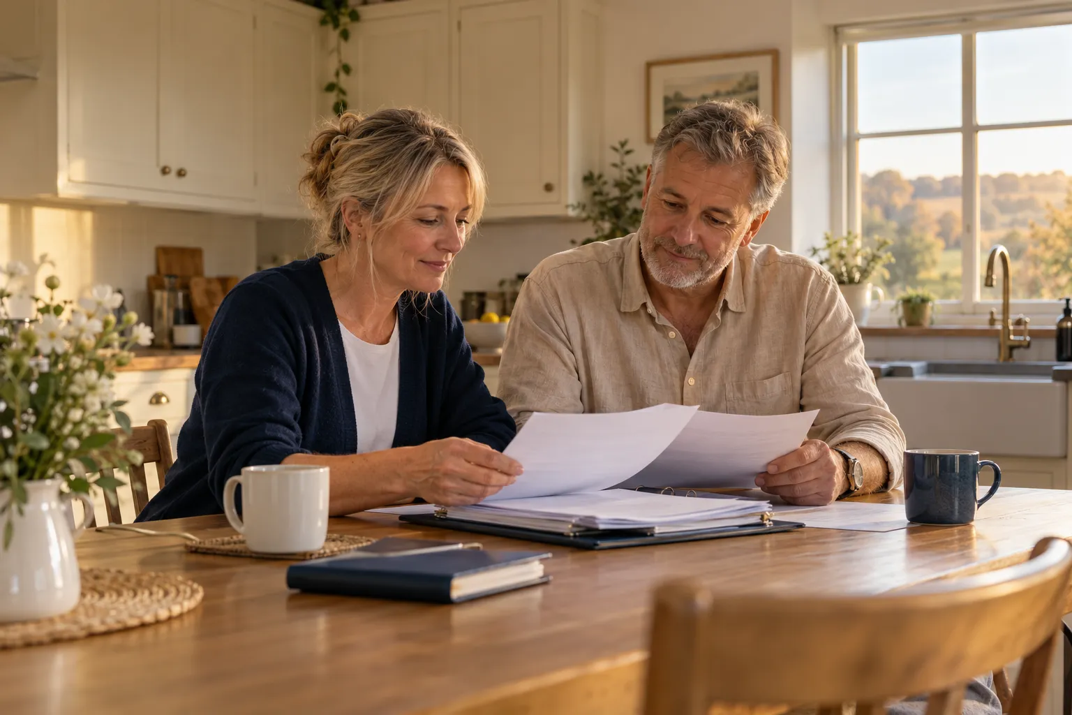 A couple reading through paperwork together at their kitchen table