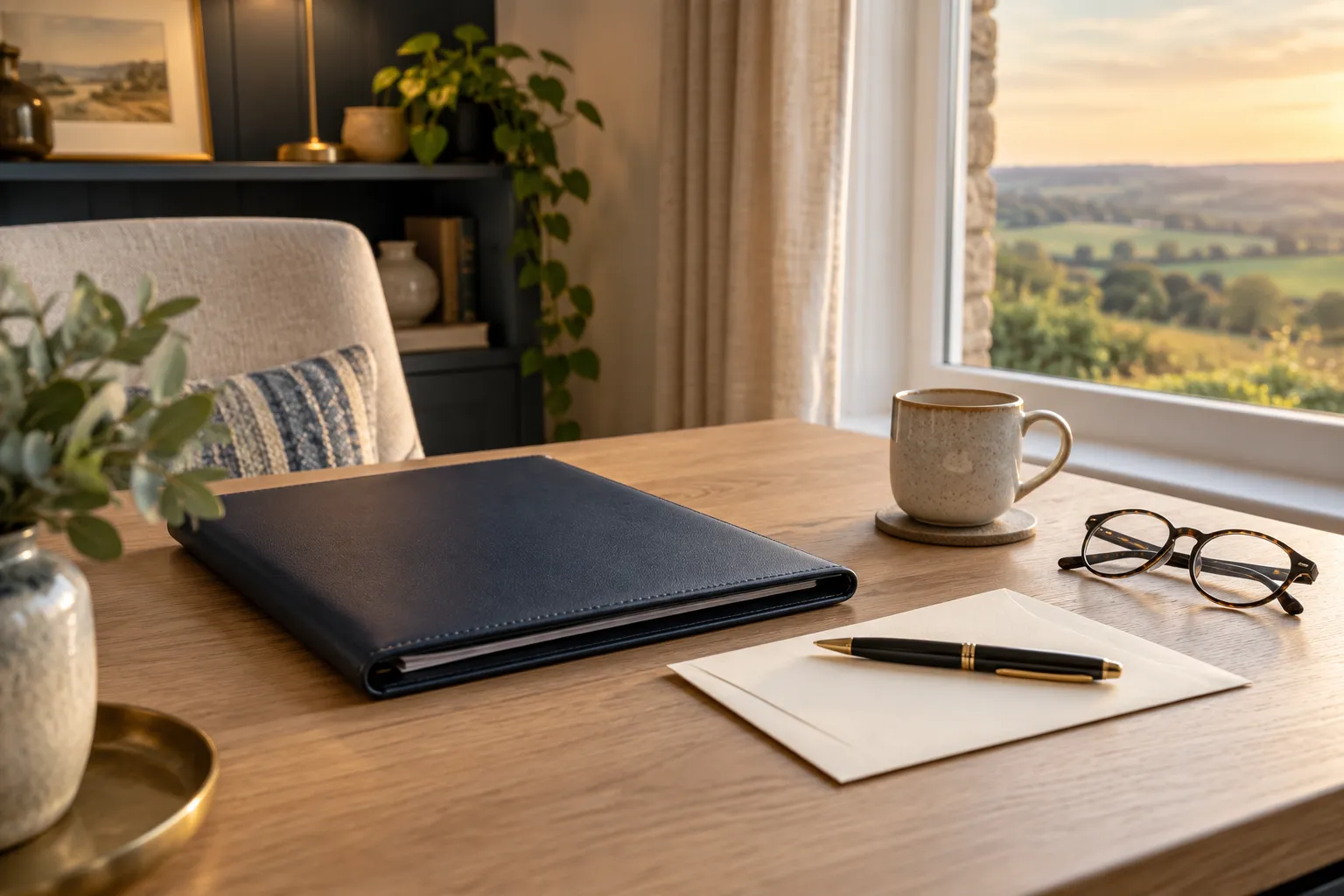 A navy document folder and pen on a desk overlooking the countryside