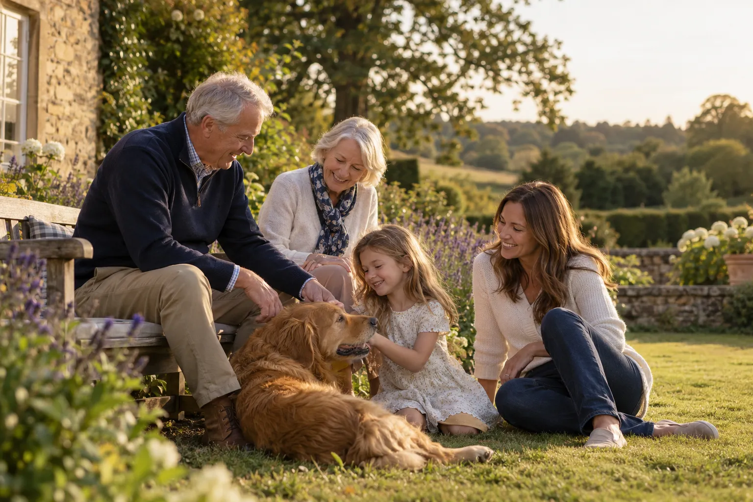 Grandparents, mother and young daughter with their dog in a sunny cottage garden