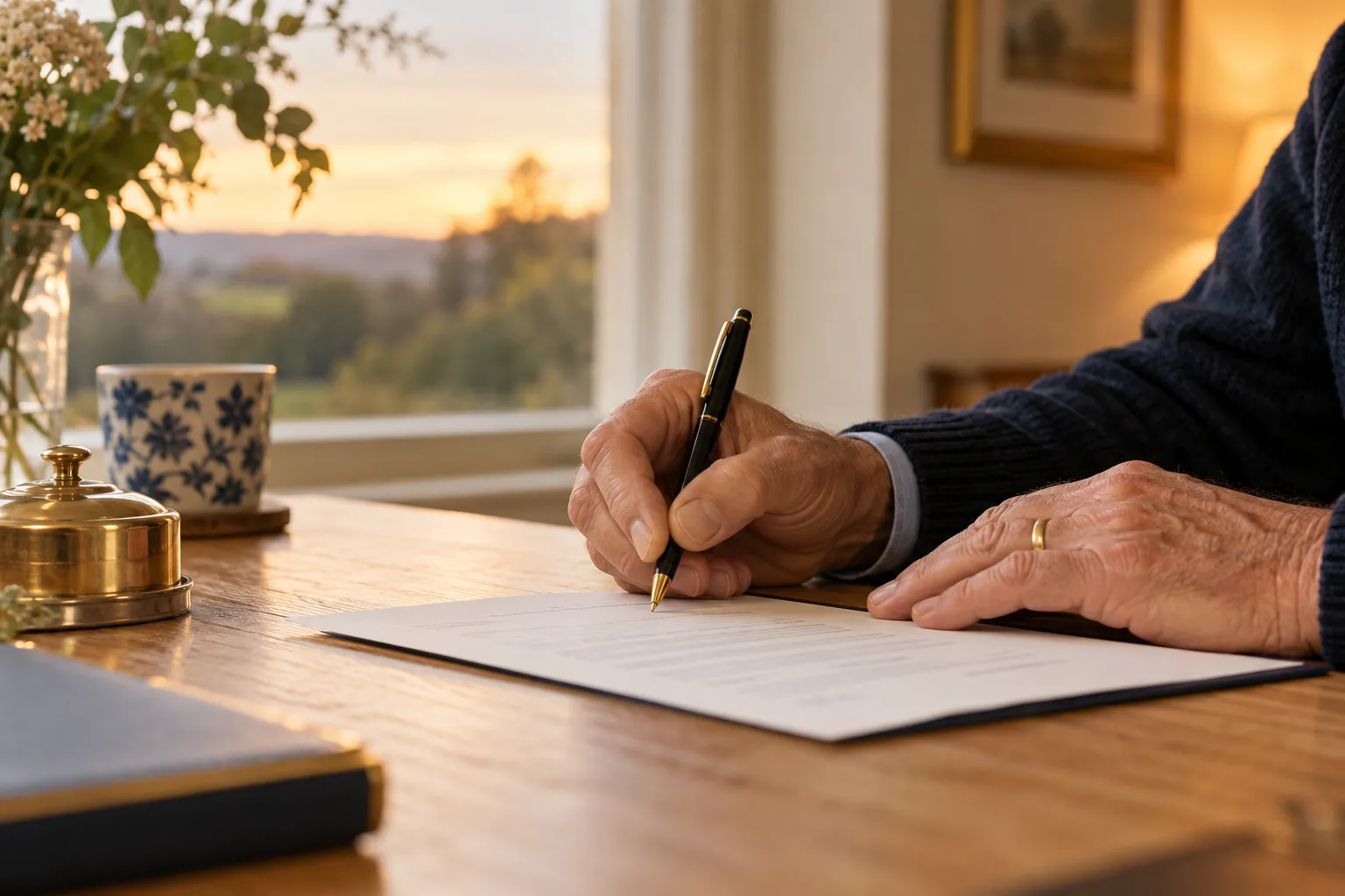 An older man signing a document at a wooden desk by a window